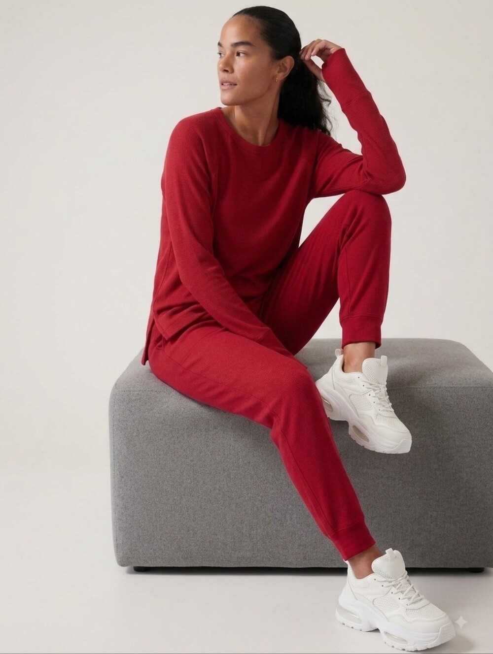 Athleta Coaster Luxe 2-Pc Set Women’s Size L Berry Red Fleece Top & Jogger Pants